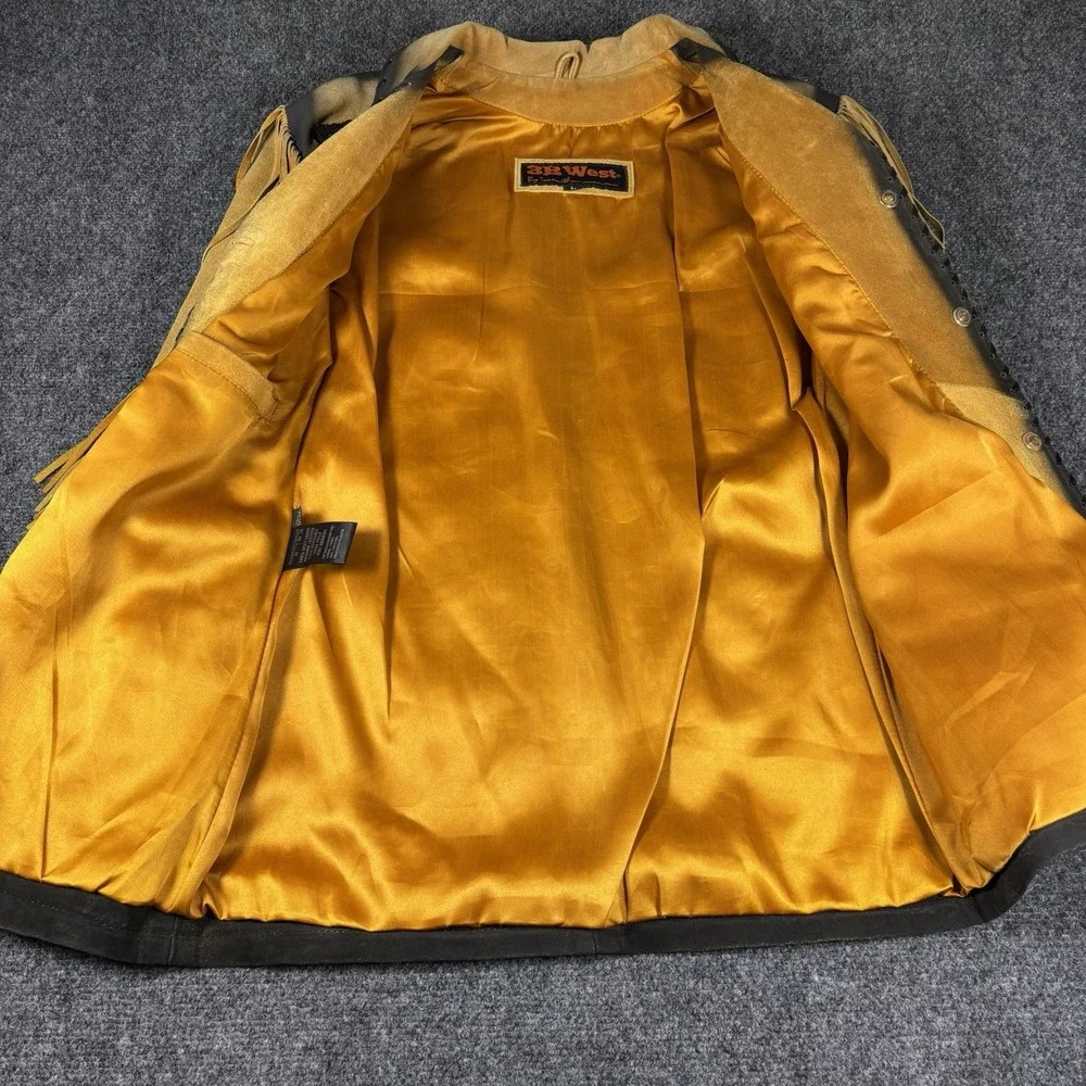 3B West Leather Fringe Jacket Womens L Tan Black Indian Eagle Western NWT - Picture 6 of 9